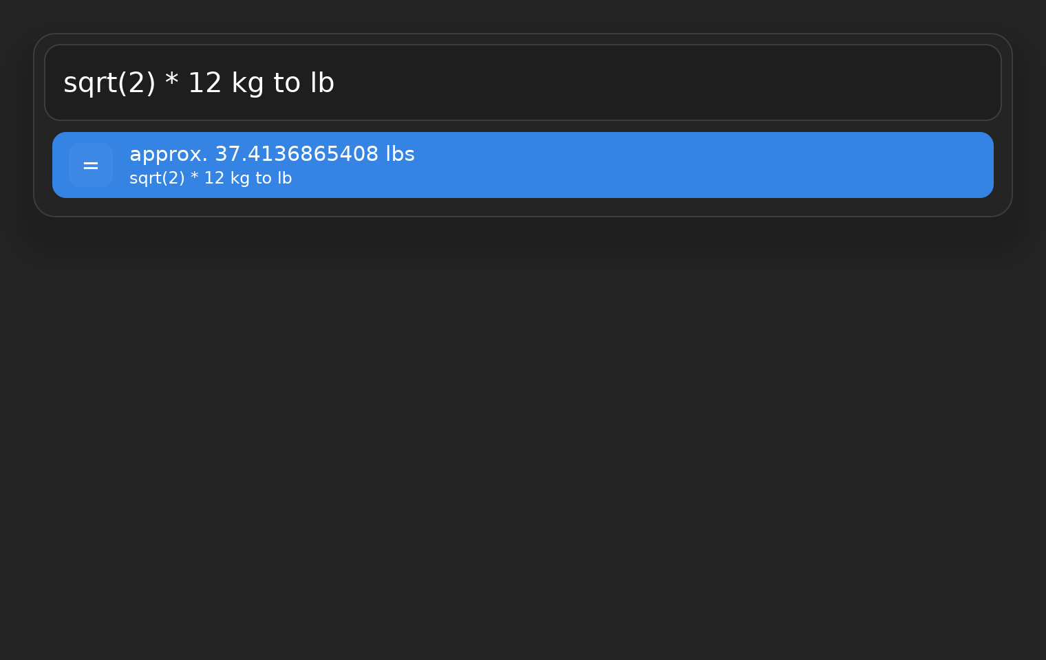 The calculator converting sqrt(2) * 12 kg to pounds in the search field