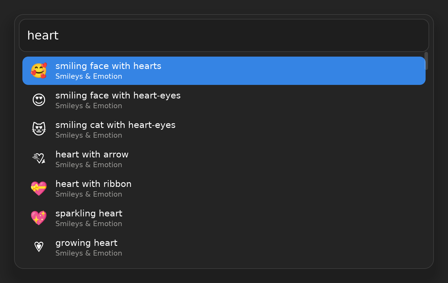 The emoji picker searching for heart
