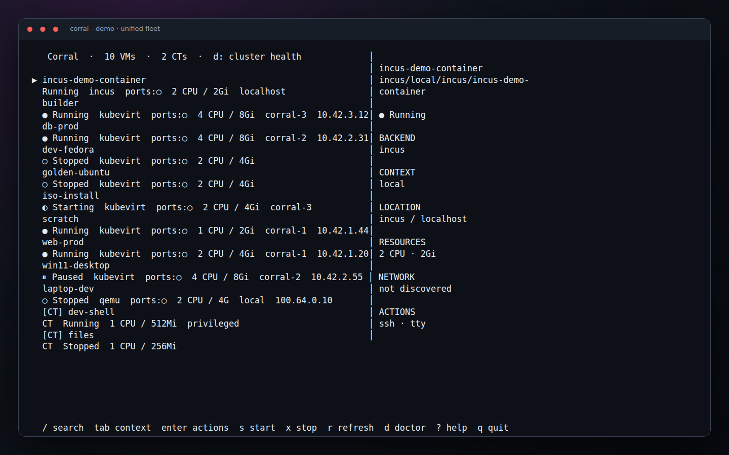 Corral terminal UI showing a searchable multi-backend fleet and selected VM details