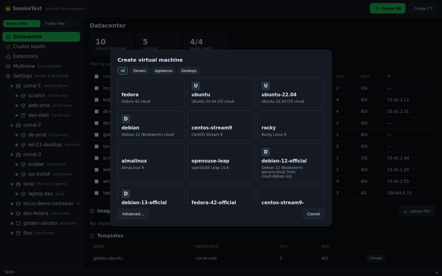 Corral web create wizard with image catalog choices