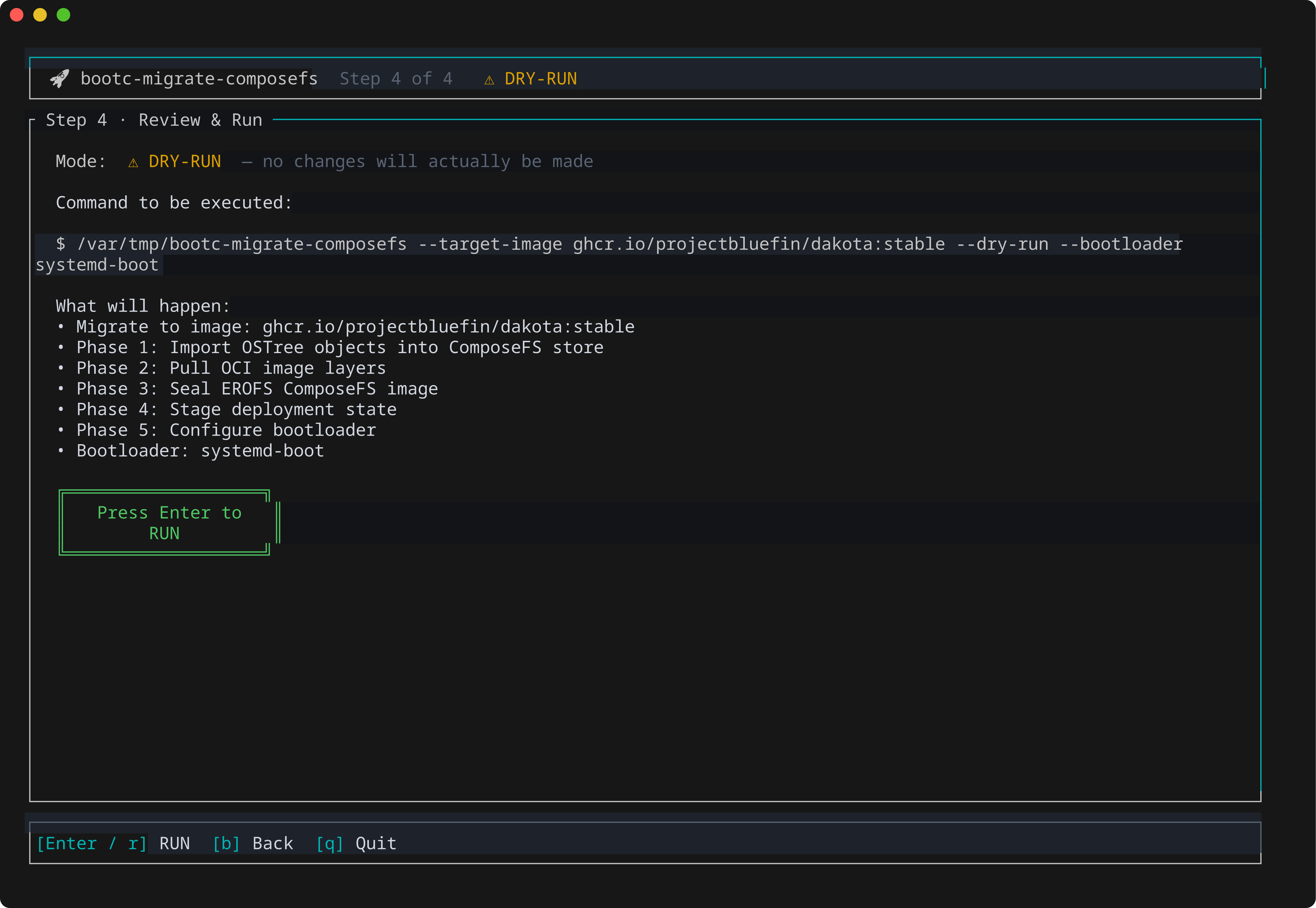 TUI wizard review screen showing the command that will run